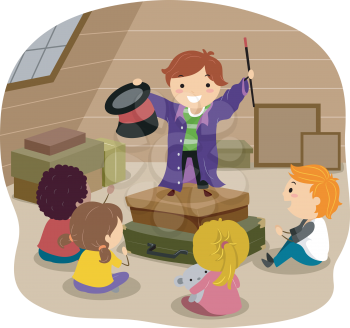 Stickman Illustration Featuring a Boy Performing Magic Tricks in an Attic