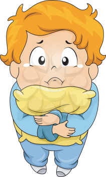 Illustration of Kid Boy Crying while hugging a Pillow