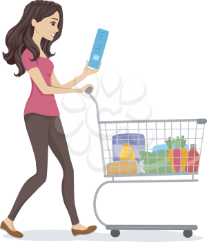 Illustration of a Woman Pushing a Cart Filled with Grocery Items