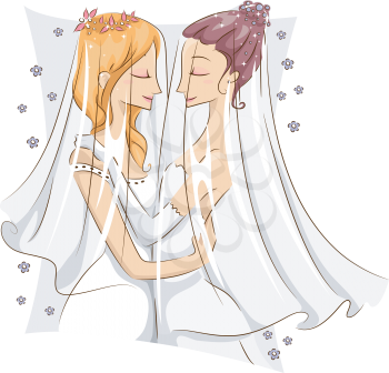 Illustration of a Pair of Female Same Sex Couple Embracing Each Other After Being Married