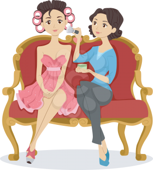 Illustration of a Woman Applying Makeup on a Girl with Hair All Rolled Up with Curlers