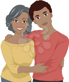 Illustration of an Elderly African-American Mom Posing for the Camera with Her Young Son