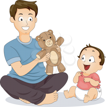Illustration of a Father and His Young Son Playing with a Stuffed Toy