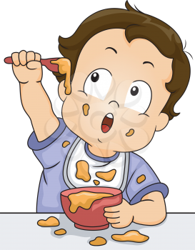 Illustration of a Baby Boy Playing with His Food