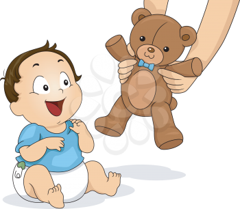 Illustration of a Baby Boy Delighted to be Handed a Teddy Bear