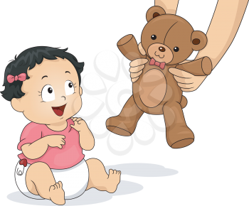 Illustration of a Baby Girl Delighted to be Handed a Teddy Bear