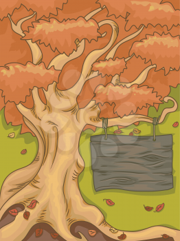 Illustration of a an Autumn Tree with a Signboard Hanging from One of the Branches