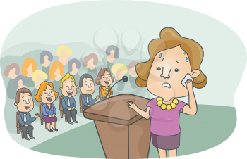Illustration of a Girl with a Worried Look on Her Face Sweating Profusely While Standing Behind the Podium