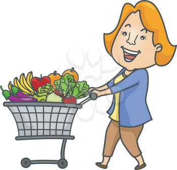 Illustration of a Woman Pushing a Shopping Cart Filled with Fruits and Vegetables