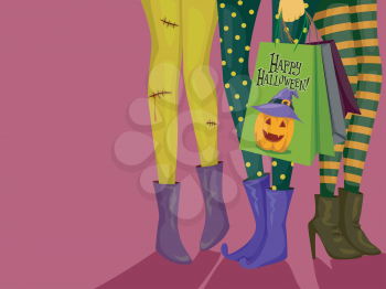 Halloween Illustration of Girls Dressed in Halloween Costumes Carrying Shopping Bags with a Halloween Theme