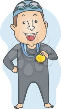 Illustration of a Man Dressed in Swimming Gear Proudly Showing His Medal