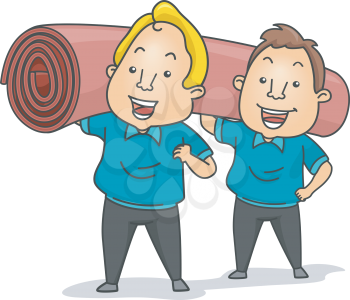 Illustration of Carpet Installers or Cleaners Carrying a Roll of Carpet