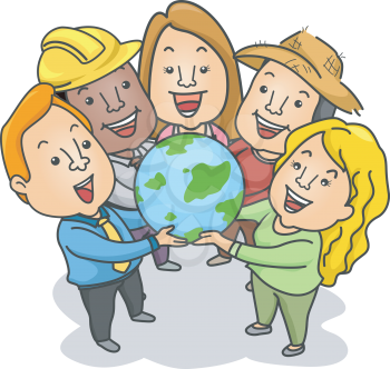 Illustration of People of Different Jobs and Races Holding a Globe Together