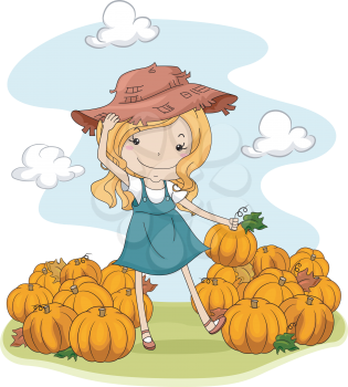Illustration of a Girl Checking a Pile of Pumpkins