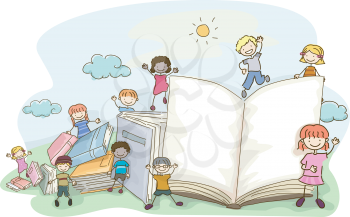 Doodle Illustration Featuring Kids Playing Around Giant Books