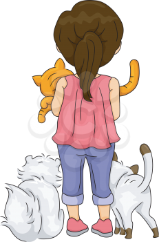 Rearview Illustration of a Girl Surrounded by Her Pet Cats