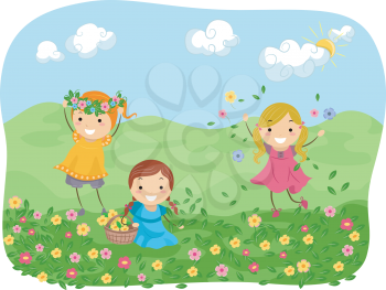 Illustration of Girls Playing with Flowers in a Meadow