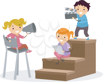Illustration of Kids Holding a Loudspeaker and a Clapperboard While Another Kid Reads a Script