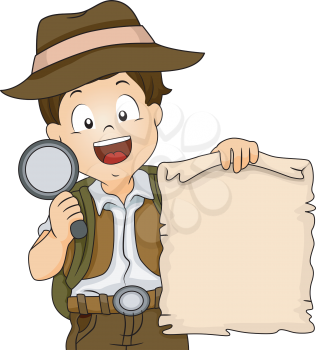 Illustration of a Boy in Camping Gear Holding a Treasure Map and a Magnifying Glass