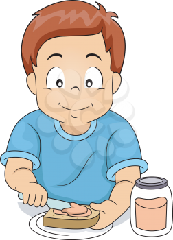Illustration of a Little Boy Putting Sandwich Spread on His Sandwich