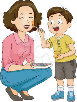 Illustration of a Boy Painting the Face of His Mother