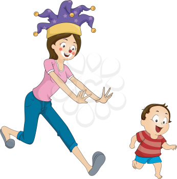 Illustration of a Mother Playfully Running After Her Son