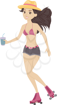 Illustration of a Girl Holding a Glass of Juice Rollerskating in Bikini