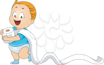 Illustration of a Baby Boy Walking Away with a Roll of Toilet Paper