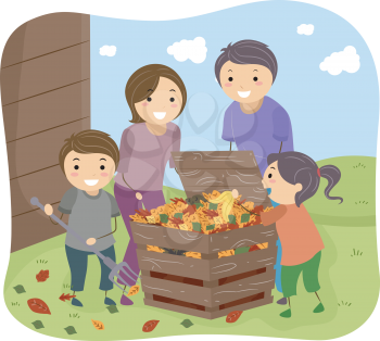Illustration of a Family Filling a Compost Bin Together
