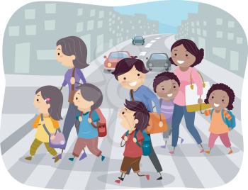 Illustration of Kids Crossing the Street Together with Their Parents