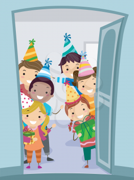 Illustration of Kids Wearing Party Hats Welcoming Guests at the Door