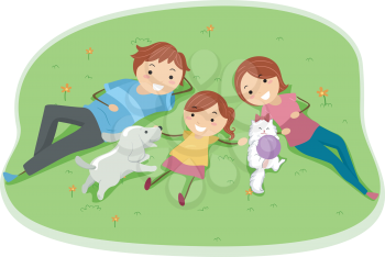 Illustration of a Family Enjoying a Day in the Park with Their Pets