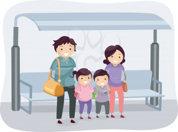 Illustration of a Stickman Family Waiting at a Bus Stop