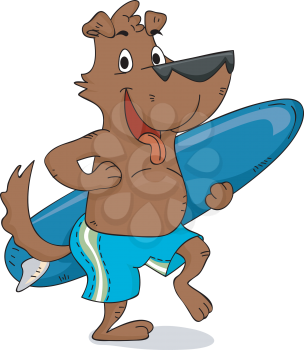 Illustration of an Excited Dog Carrying a Surfboard