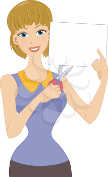 Illustration of a Girl Holding a Piece of Paper and a Pair of Scissors
