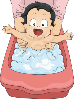 Illustration of a Happy Baby Boy Taking a Bubble Bath