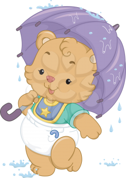 Illustration of a Cute Baby Bear Using an Umbrella to Shelter Itself from the Rain