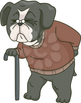 Illustration Featuring an Old Dog Walking Around Supported by a Cane
