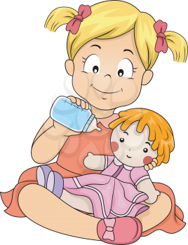 Illustration of a Little Girl Feeding Her Doll with Milk