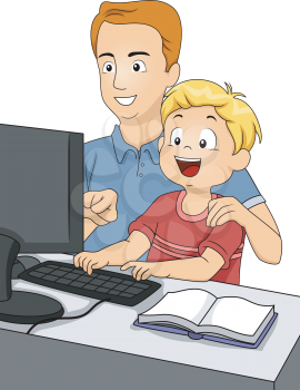 Illustration of a Father Teaching His Son How to Use a Computer