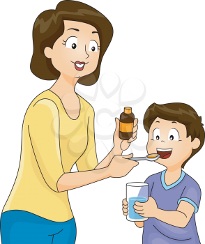 Illustration of a Mother Giving Her Son a Spoonful of Vitamin Supplements