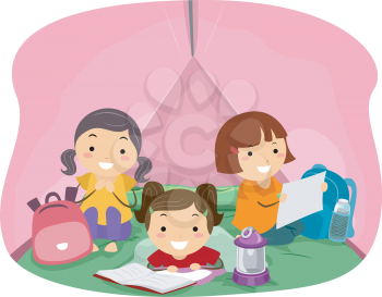 Illustration of Girls in a Pink Camping Tent