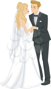 Illustration of a Newlywed Couple About to Kiss