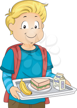Illustration of a Little Boy in a Cafeteria Carrying a Tray Holding His Lunch
