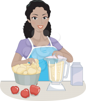 Illustration of a Girl Using a Blender to Make Apple Puree