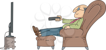 Illustration of an Elderly Male Sitting on a Reclining Chair Using a Remote Control to Switch Channels