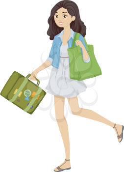 Illustration of a Girl Carrying a Green Shoulder Bag and a Green Piece of Luggage / Green Travel