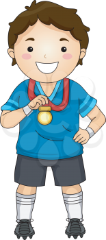 Illustration of a Little Football Player Showing His Medal