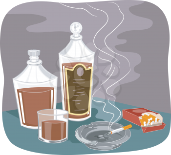 Illustration Featuring Bottles of Liquor and a Pack of Cigarettes