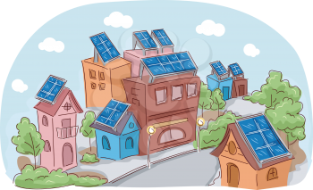 Illustration Featuring an Entire Community Using Solar Panels